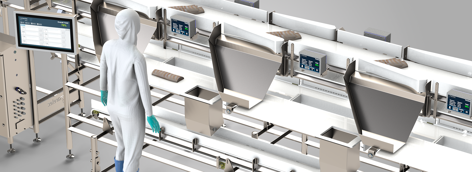 Intelligent fish trim line monitoring live yield, capacity, and quality per operator